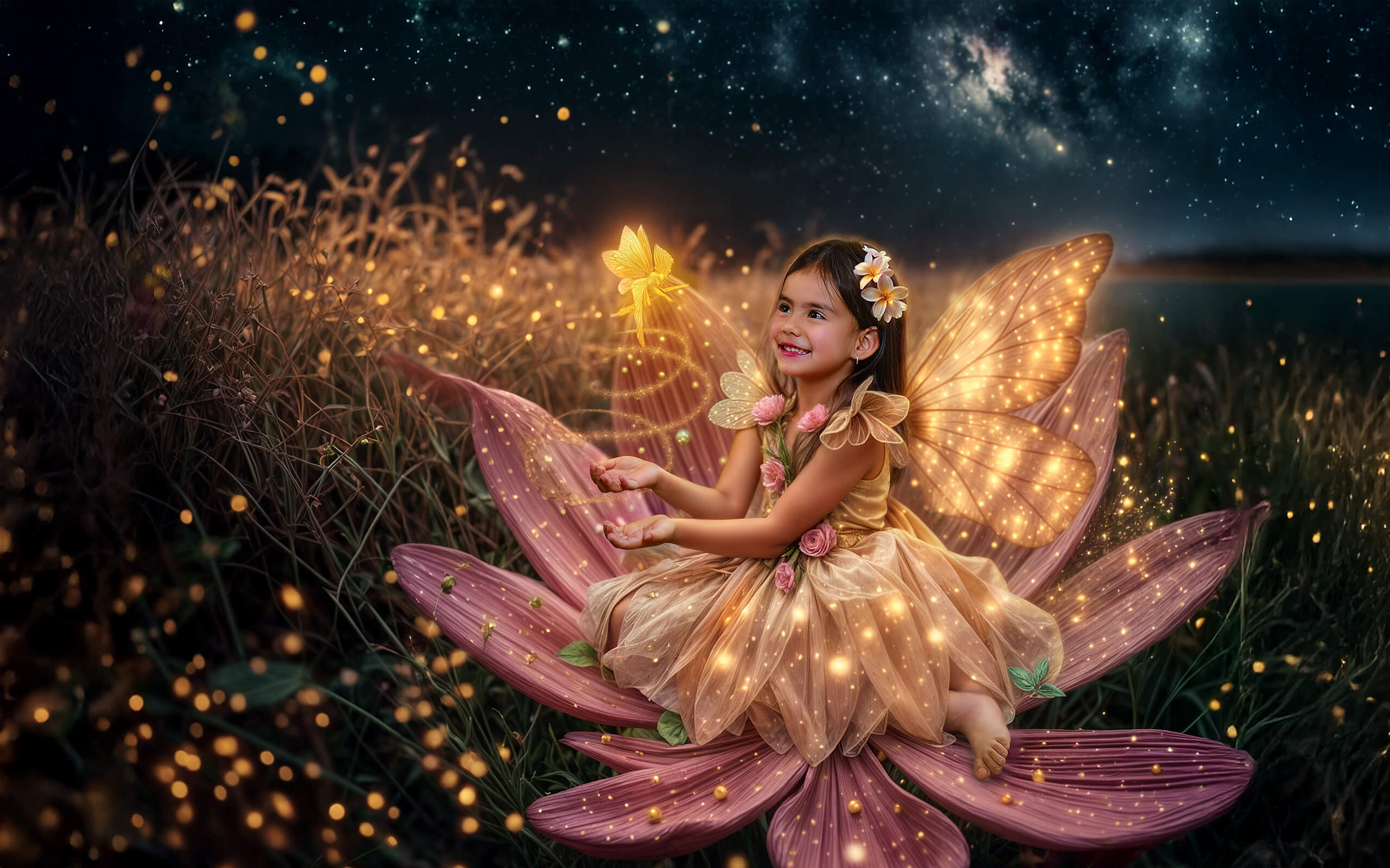 Sesión de fotografía infantil artística con temática de hada mágica, niña con alas sobre una flor gigante bajo un cielo estrellado en Cochabamba - 53 Fotografía.