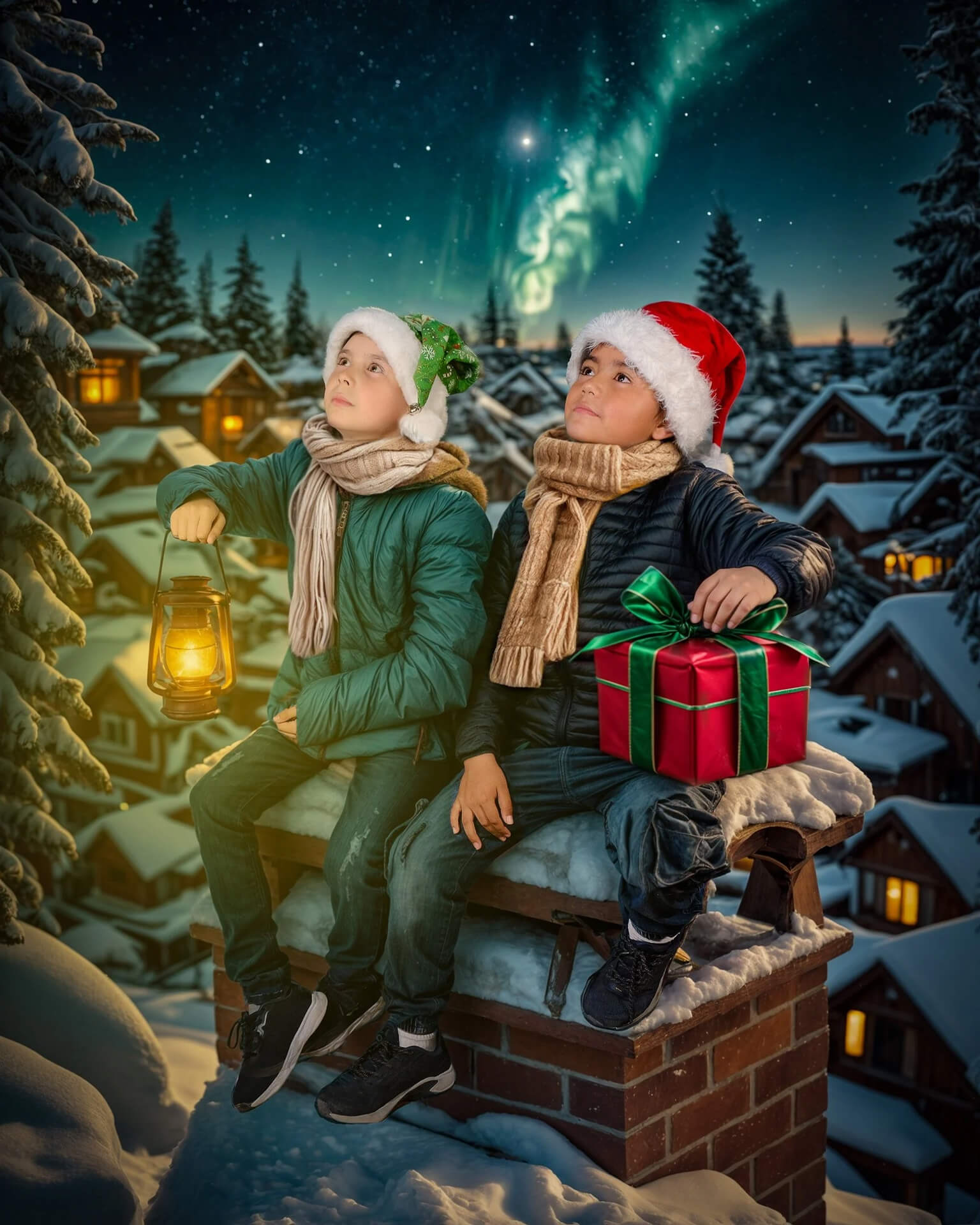 Sesión fotográfica infantil navideña con niños sobre una chimenea, linterna y regalo bajo una aurora boreal en Cochabamba - 53 Fotografía.