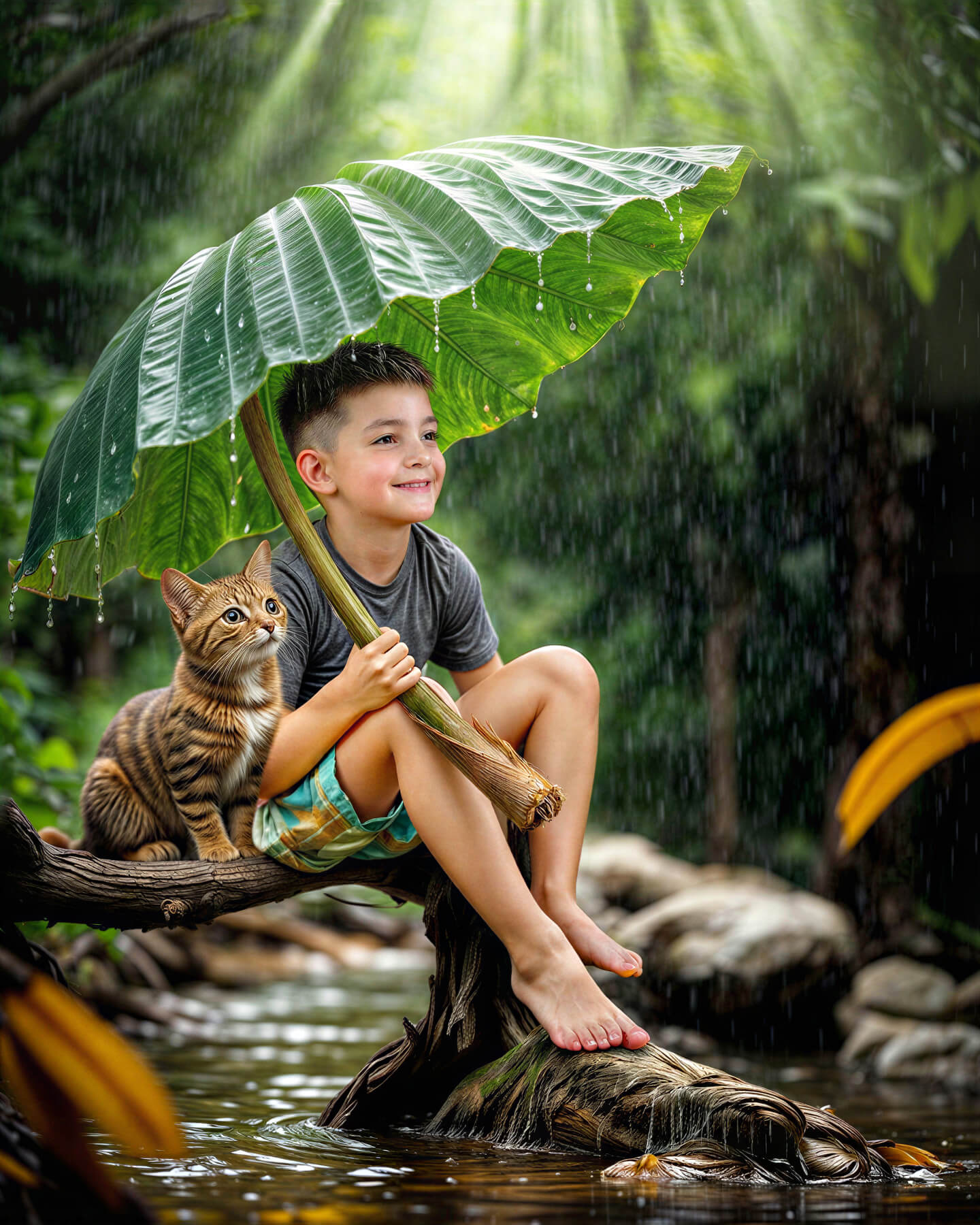 Fotografía infantil artística de niño y gatito bajo la lluvia con una hoja gigante como paraguas en Cochabamba - 53 Fotografía.