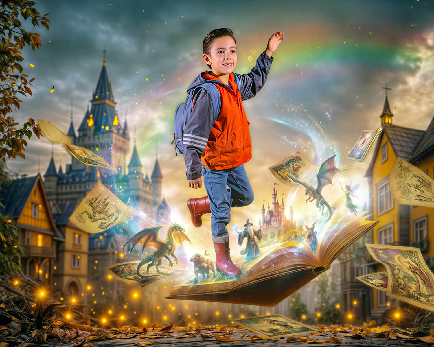 Fotografía infantil creativa con edición de fantasía, niño sobre libro mágico con dragones y castillos en Cochabamba - 53 Fotografía.