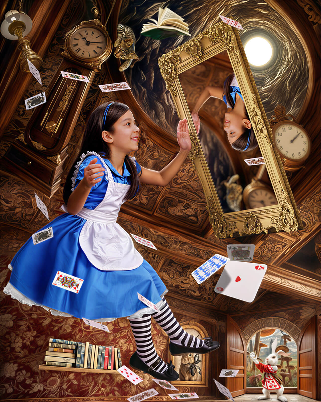 Fotografía infantil artística de fantasía temática de Alicia en el país de las maravillas con niña flotando, cartas de juego y conejo blanco en Cochabamba - 53 Fotografía.