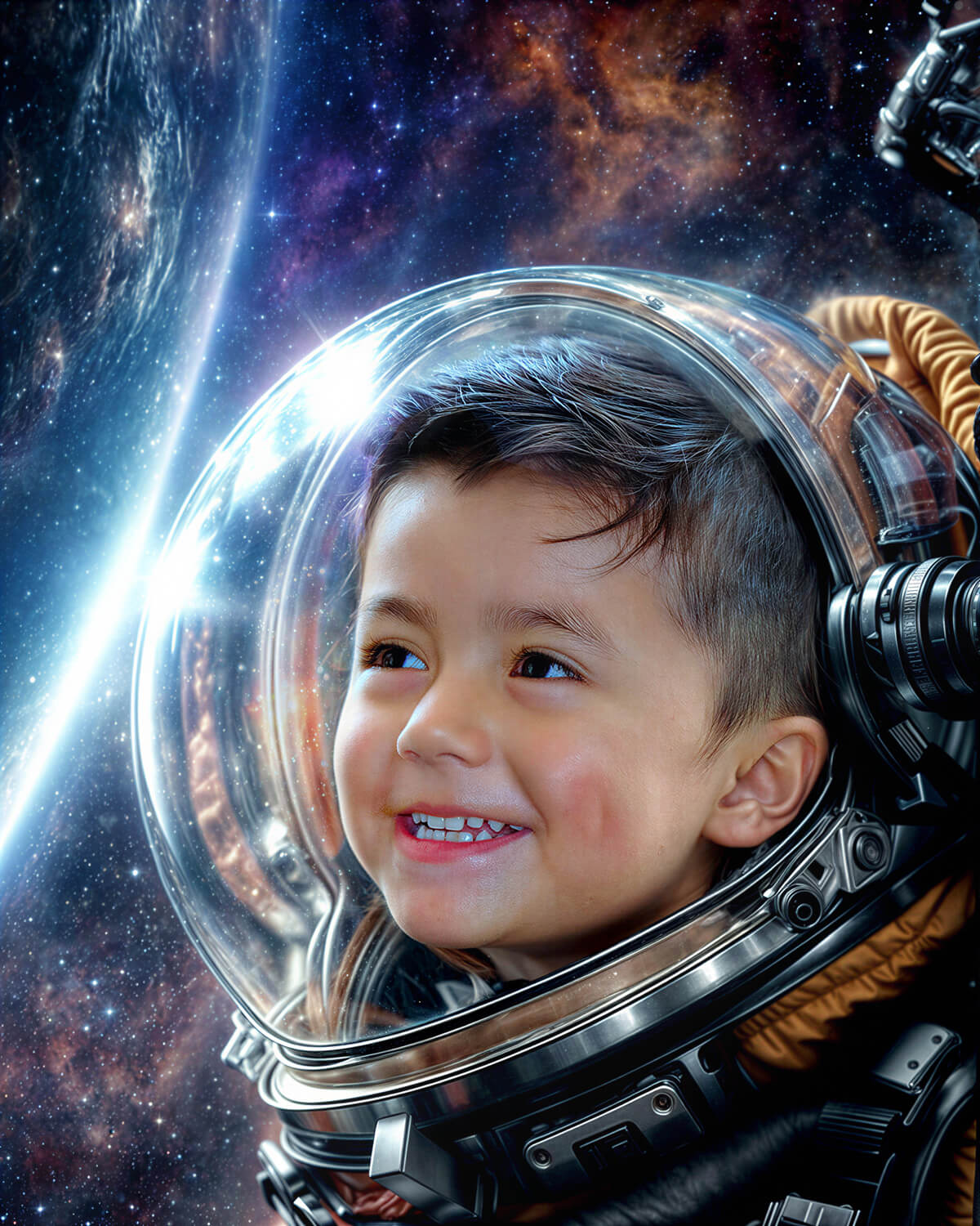 Retrato infantil artístico con temática de astronauta y fondo de galaxia con planetas en Cochabamba - 53 Fotografía.