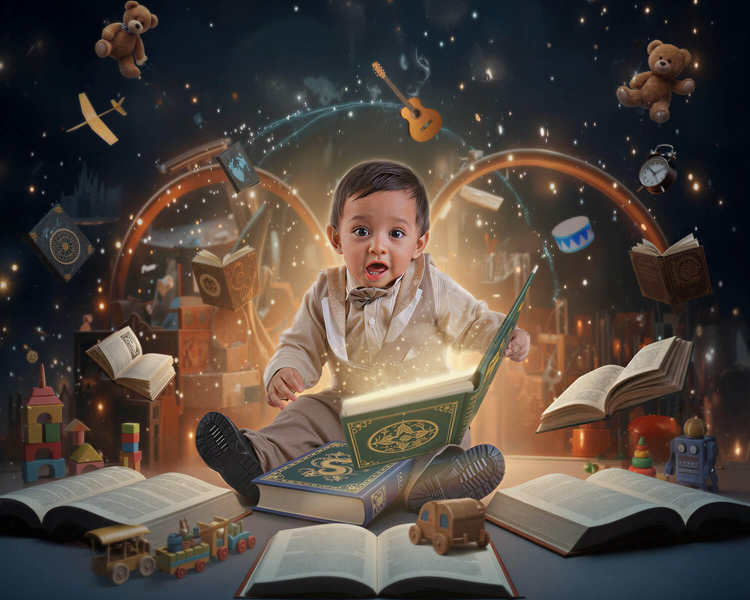Sesión fotográfica artística de bebé con temática de libros mágicos y juguetes flotantes en estudio de Cochabamba - 53 Fotografía.