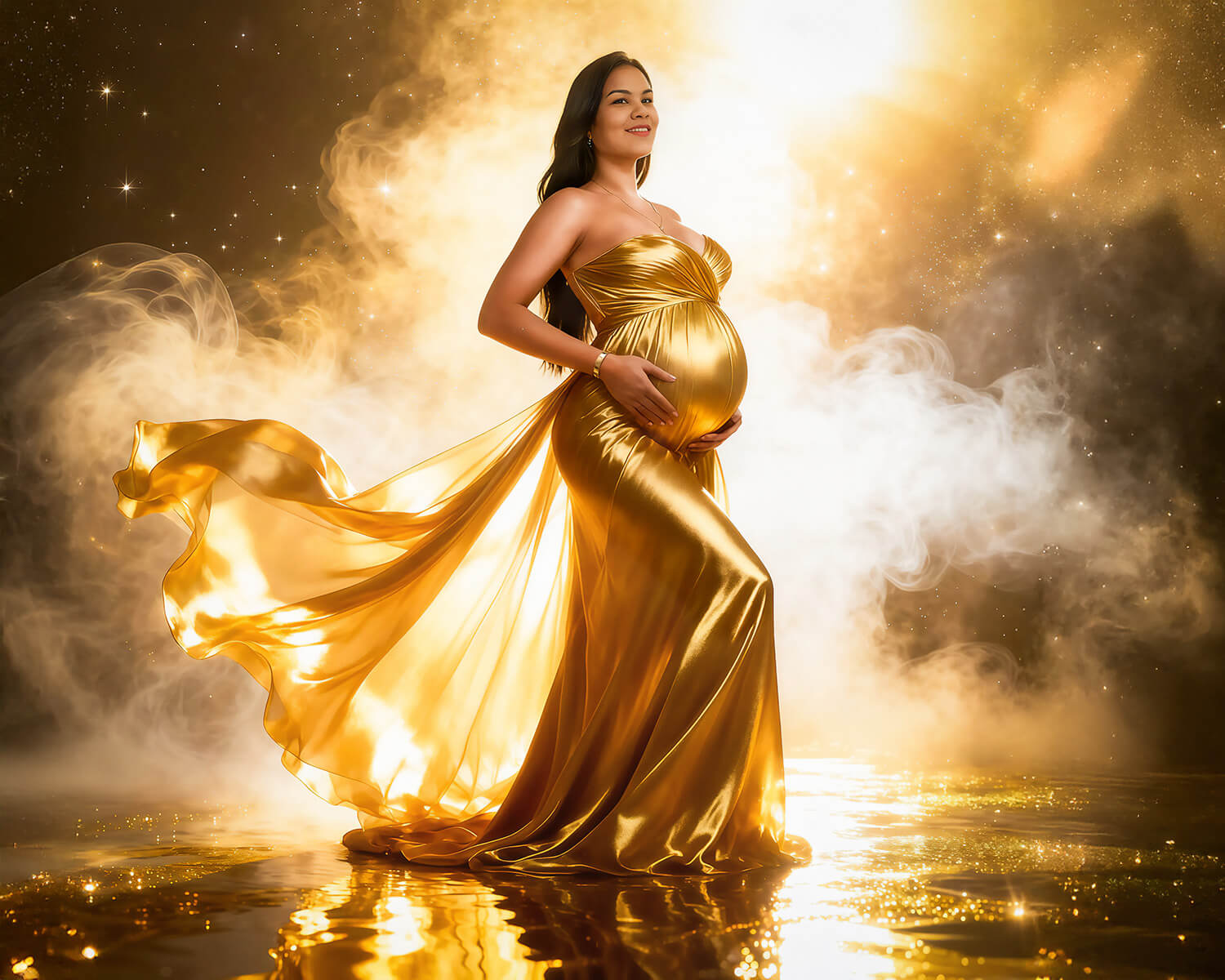 Retrato artístico de embarazo con vestido dorado y efectos de luz celestial en estudio de Cochabamba - 53 Fotografía.