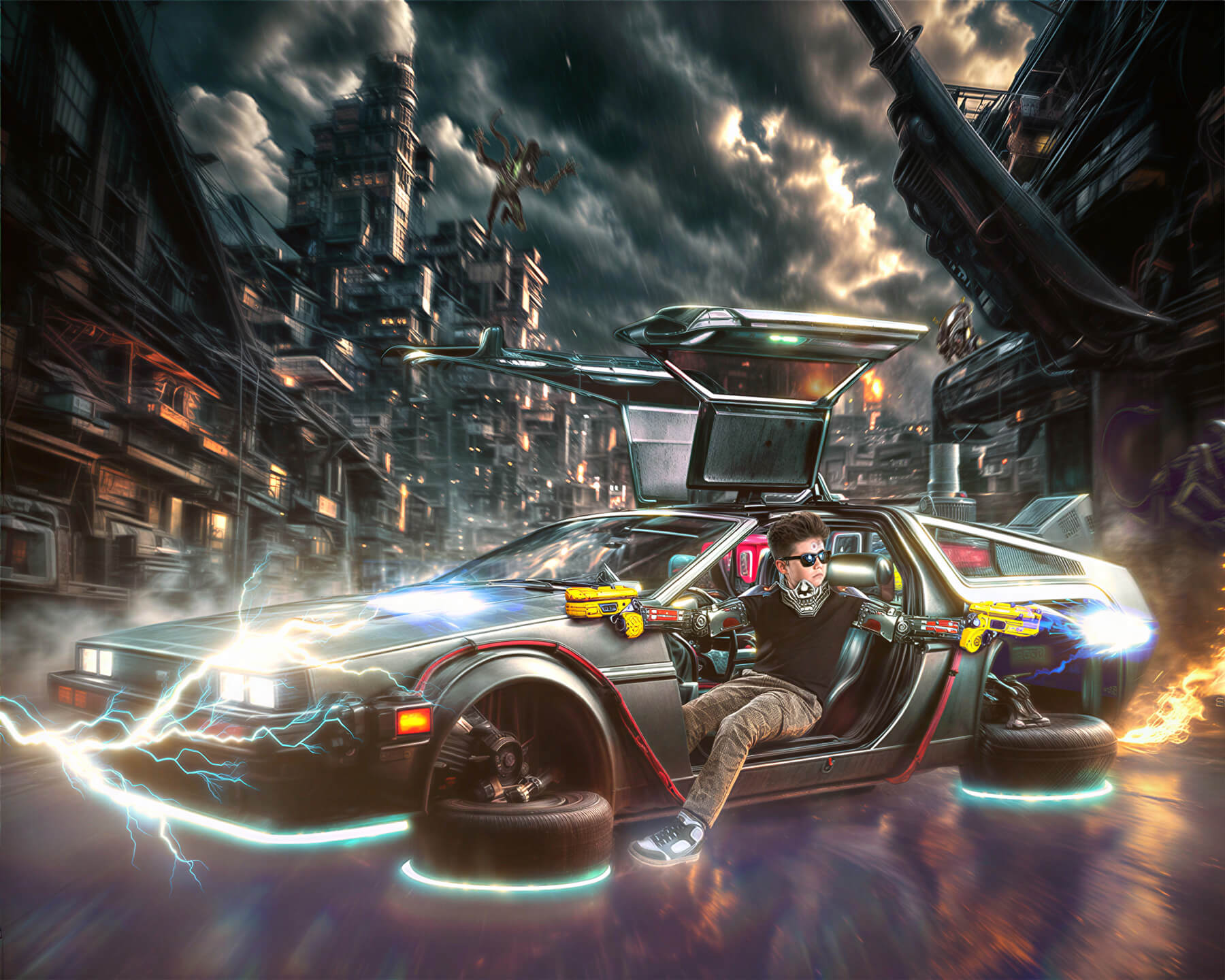 Fotografía infantil artística con temática cyberpunk de niño en auto futurista DeLorean con efectos de luz y ciudad distópica en Cochabamba - 53 Fotografía.