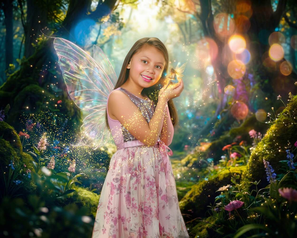 Sesión fotográfica infantil artística de niña hada con alas transparentes en un bosque encantado de fantasía en Cochabamba - 53 Fotografía.