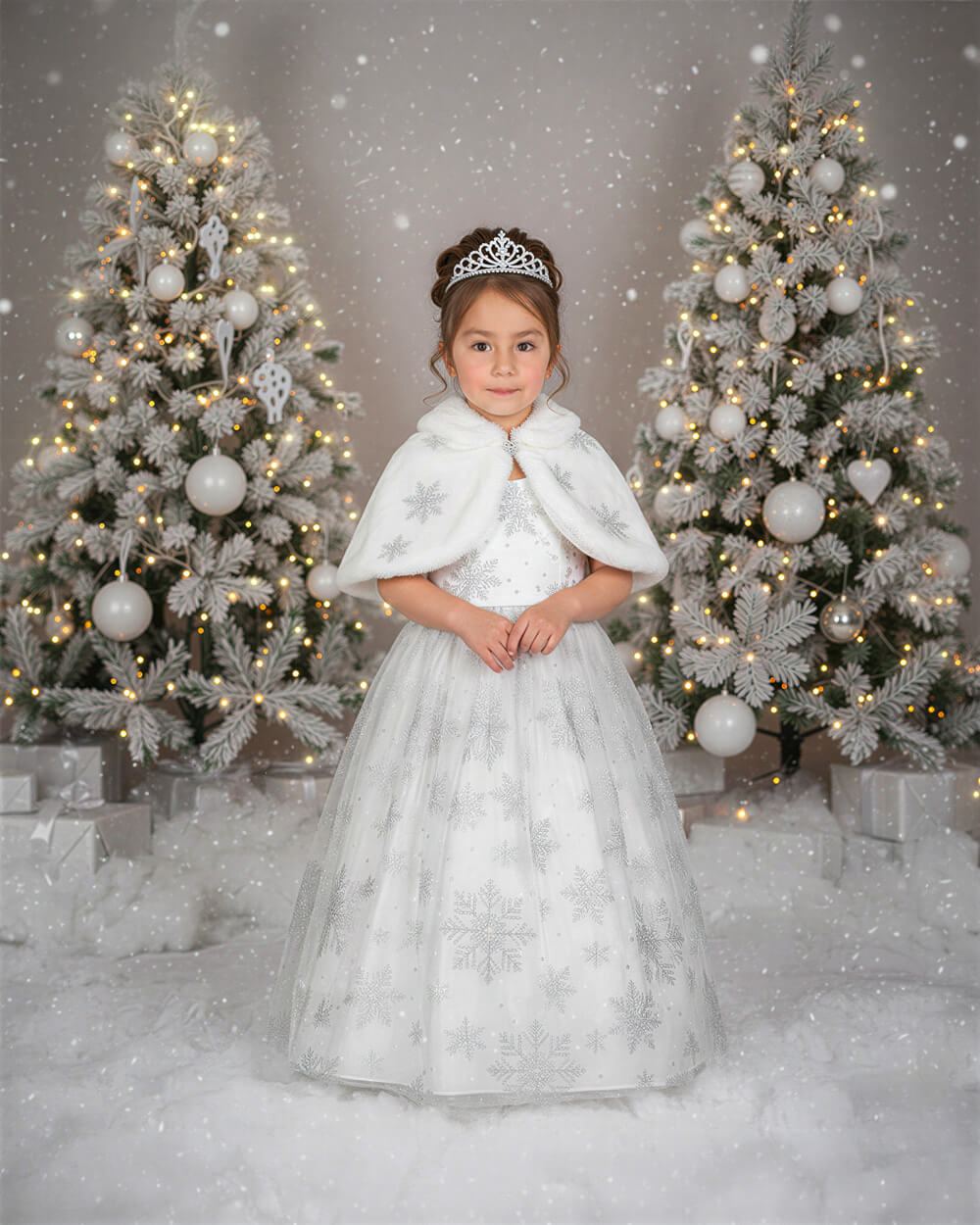 Sesión fotográfica infantil navideña de niña vestida de princesa de invierno con tiara y capa blanca en set de pinos nevados en Cochabamba - 53 Fotografía.