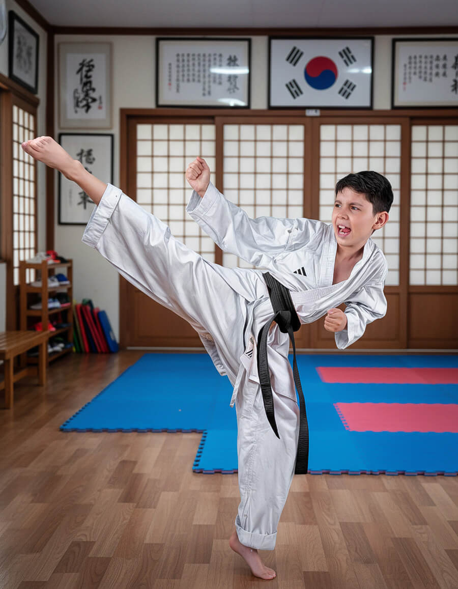 Sesión de fotografía infantil de artes marciales con niño realizando una patada de Taekwondo en dojo de Cochabamba - 53 Fotografía.