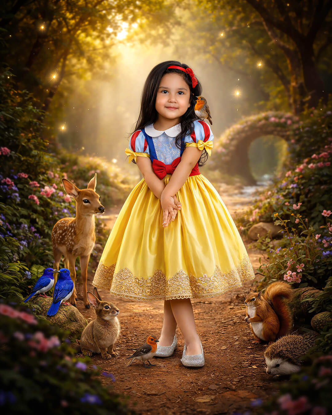 Retrato infantil artístico de Blanca Nieves rodeada de animales del bosque en un entorno de fantasía en Cochabamba - 53 Fotografía.