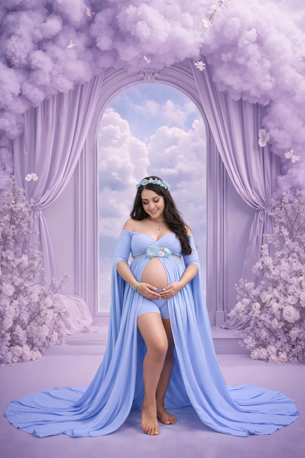 Sesión fotográfica de embarazo artística con temática de nubes lavanda y vestido azul cielo en estudio de Cochabamba - 53 Fotografía.
