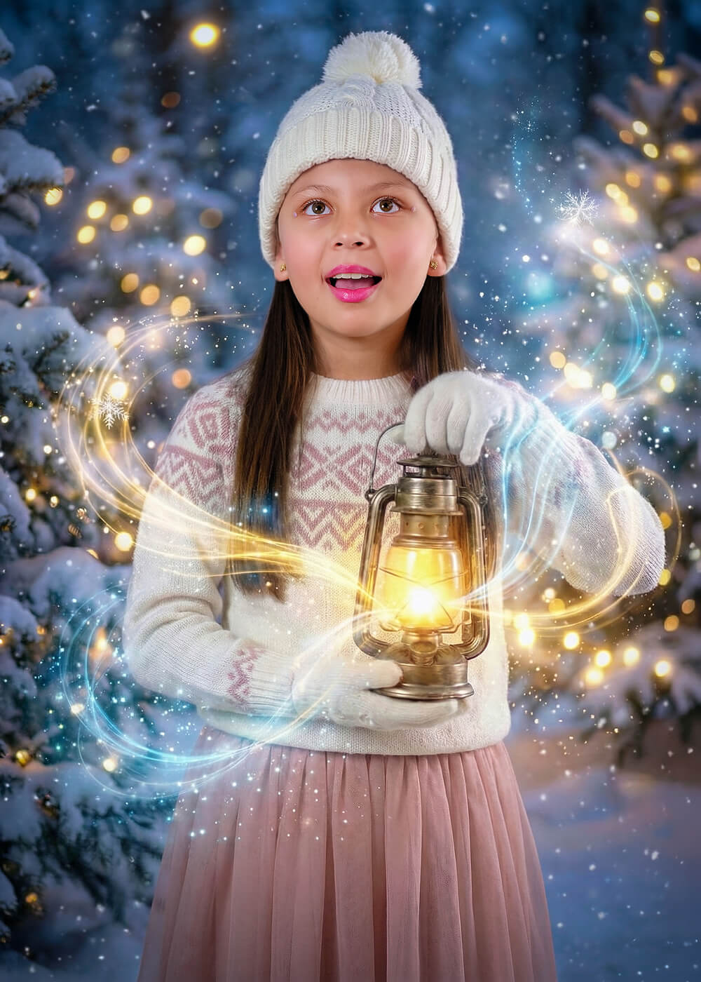 Sesión fotográfica infantil navideña de niña con linterna antigua y efectos de luz mágica en Cochabamba - 53 Fotografía.
