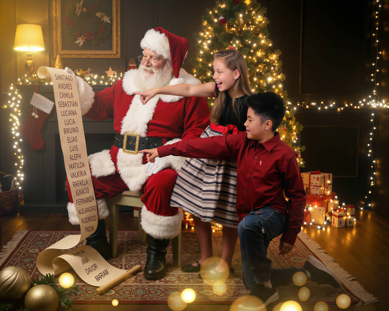 Sesión fotográfica navideña con Papá Noel leyendo la lista de deseos con niños en un estudio decorado en Cochabamba - 53 Fotografía.