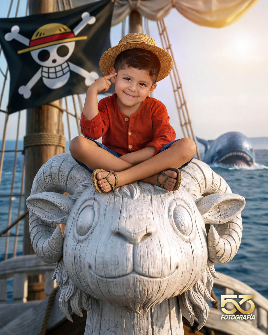 Fotografía infantil artística temática de One Piece con niño como Luffy sobre el barco Going Merry en Cochabamba - 53 Fotografía.